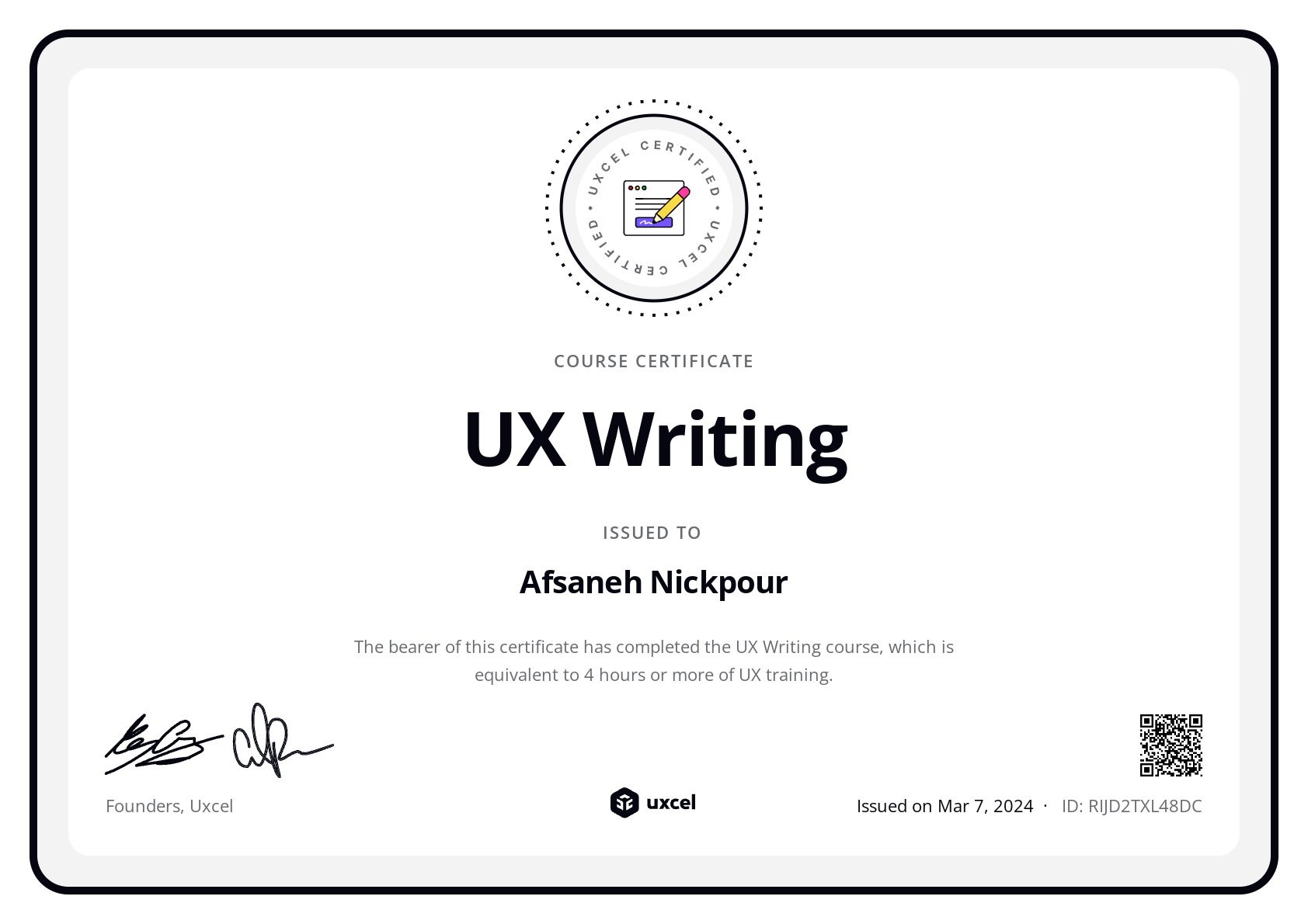 Afsaneh Nickpour's certificate